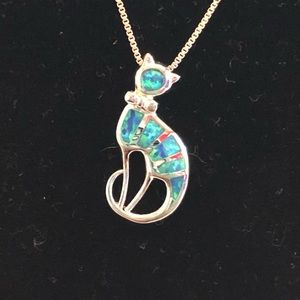 Cat Sterling Silver Blue Fire Opal Necklace